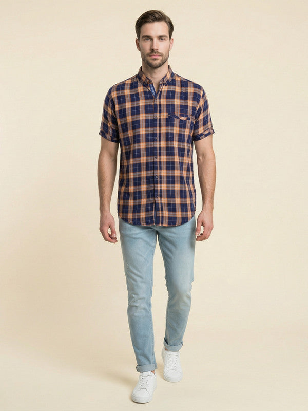 Kuons Men's Orange Indigo Cotton Checked Casual Shirt