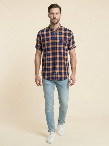 Kuons Men's Orange Indigo Cotton Checked Casual Shirt