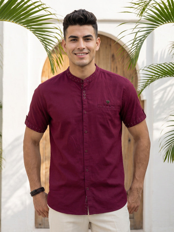 Kuons Avenue Men’s Maroon Linen Cotton Indo-Western Casual Shirt