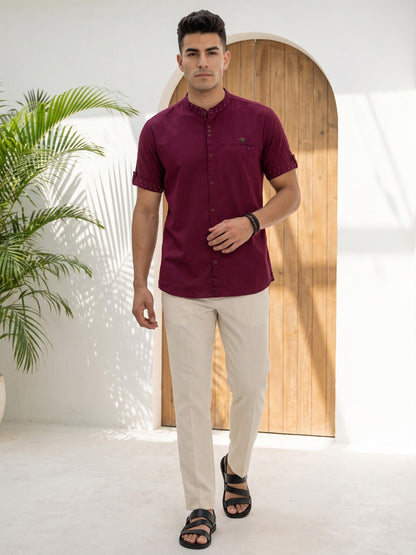Kuons Avenue Men’s Maroon Linen Cotton Indo-Western Casual Shirt