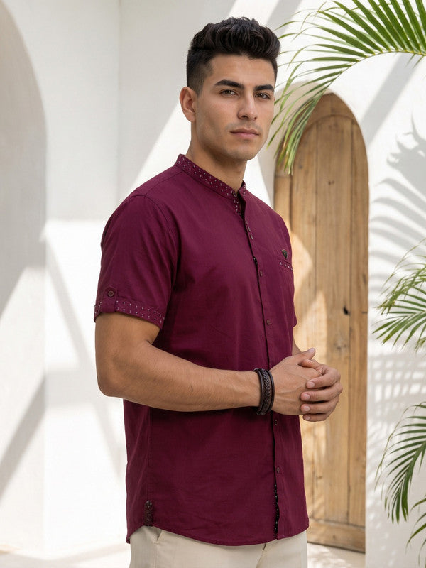 Kuons Avenue Men’s Maroon Linen Cotton Indo-Western Casual Shirt