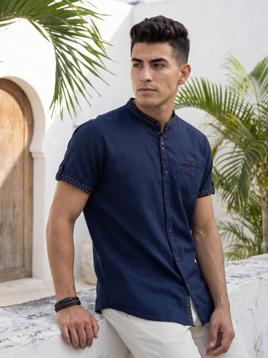 Kuons Avenue Men’s Dark Indigo Linen Cotton Indo-Western Casual Shirt