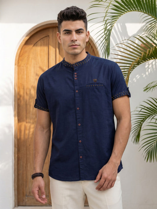 Kuons Avenue Men’s Dark Indigo Linen Cotton Indo-Western Casual Shirt