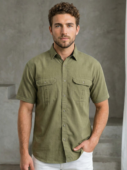 Kuons Men's Light Olive Corduroy Casual Shirt
