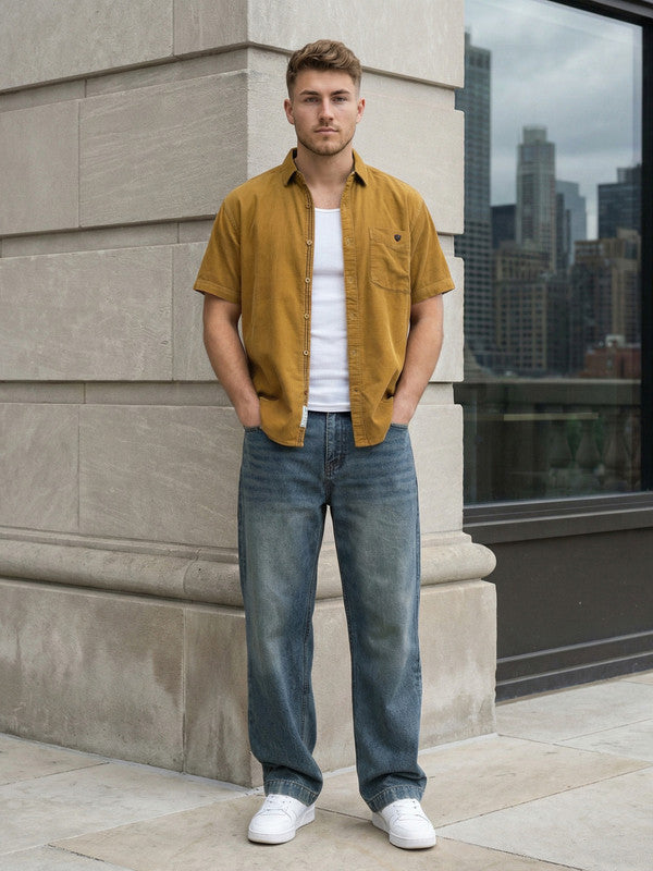 glitchez Men's Camel Corduroy Casual Shirt