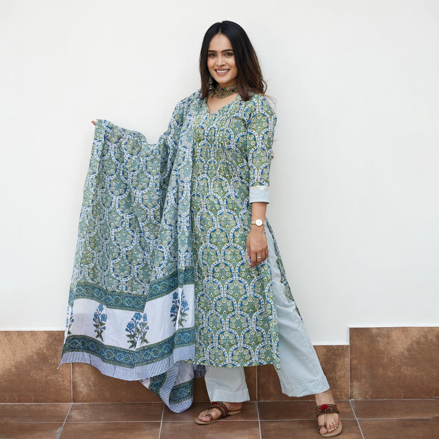 Green Printed Pintuck  Suit