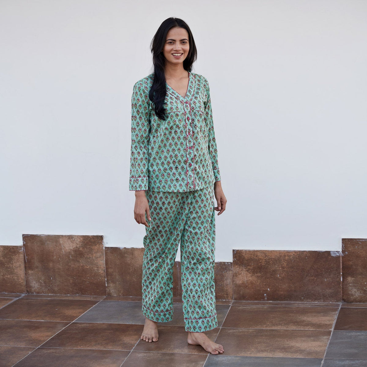 Green Block Printed Night Suit