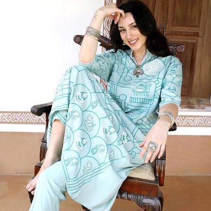 Metallic Flora Print Kurta With Trousers Set