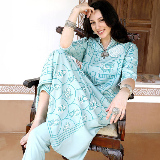 Metallic Flora Print Kurta With Trousers Set
