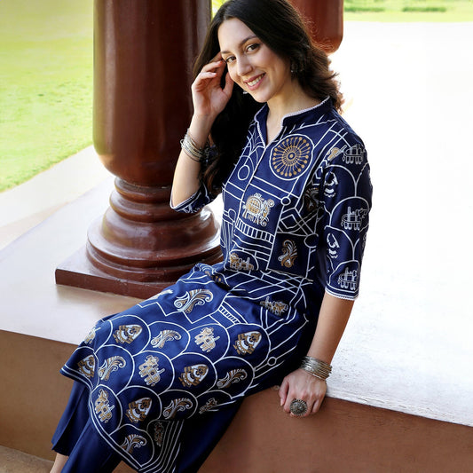 Animal Print Kurta With Trousers Set