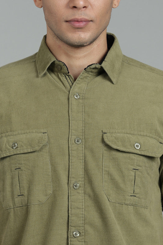 Kuons Men's Light Olive Corduroy Casual Shirt