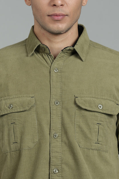 Kuons Men's Light Olive Corduroy Casual Shirt
