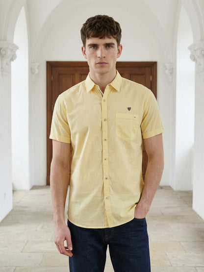 Kuons Men's Cream Yellow Linen Cotton Casual Shirt