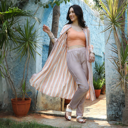 Halo Striped Jacket With Kurta & Trousers Set