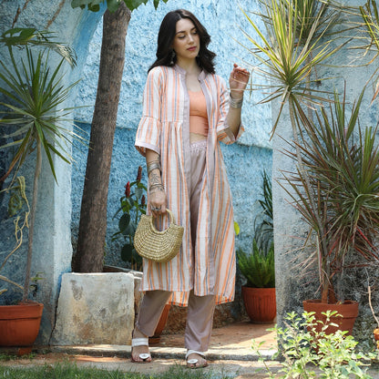 Halo Striped Jacket With Kurta & Trousers Set