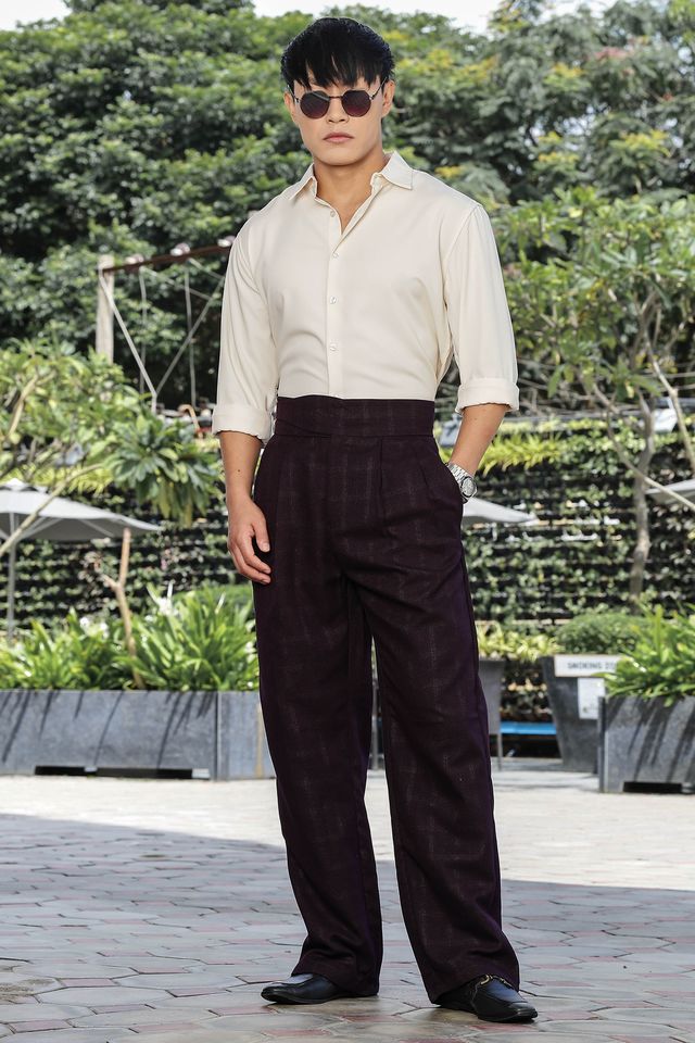 Wine Premium Tweed Blend  Gurkha Trousers with Double Pleated Front