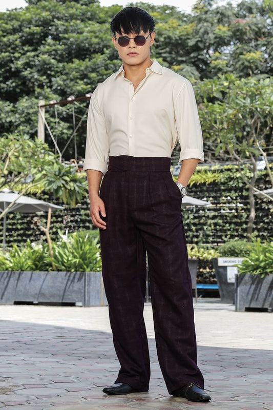 Wine Premium Tweed Blend  Gurkha Trousers with Double Pleated Front