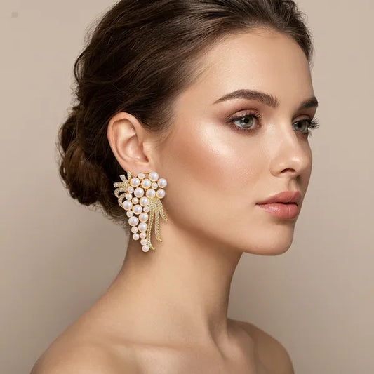 Gold And Pink Pearl Cluster Drop Earrings For Women