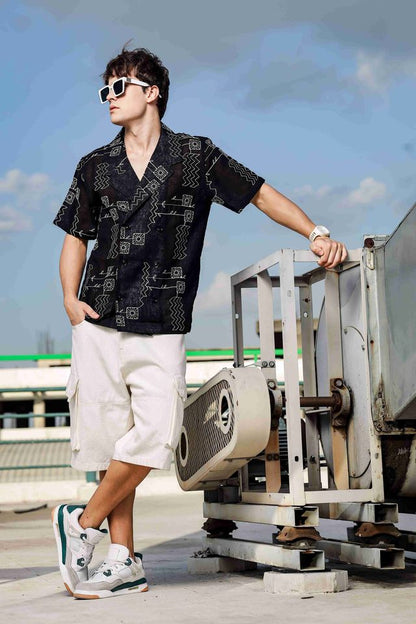 Linen Blend Black Korean Notched Lapel Collar Resort Shirt