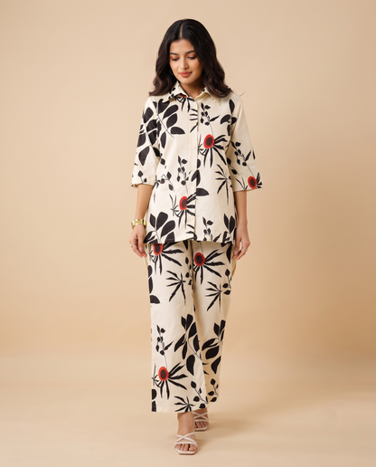 Floral Abstract Co-ord Set – Off-White & Black