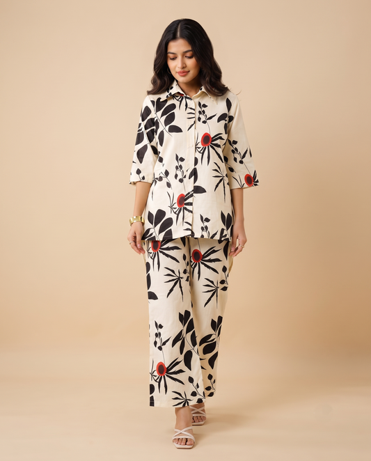 Floral Abstract Co-ord Set – Off-White & Black