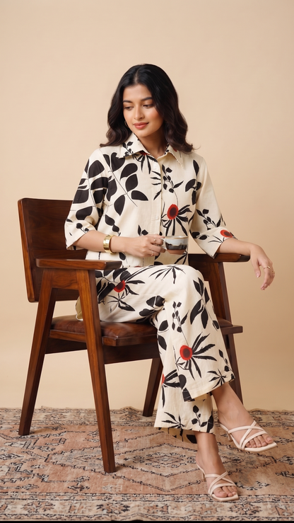 Floral Abstract Co-ord Set – Off-White & Black