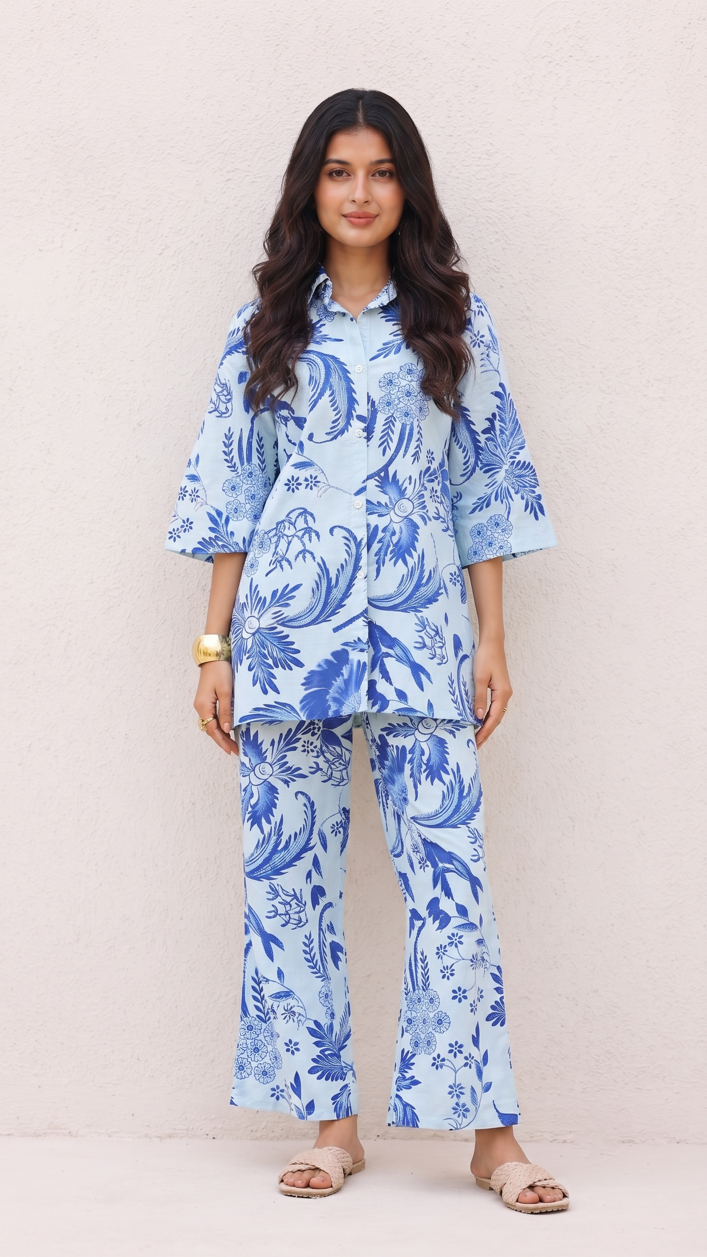 Sky Blue Hand-Drawn Floral Co-Ord Set – Cotton Comfortwear