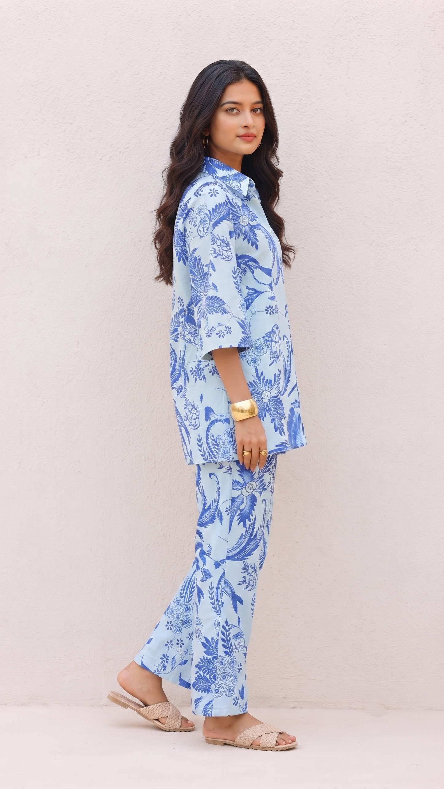 Sky Blue Hand-Drawn Floral Co-Ord Set – Cotton Comfortwear