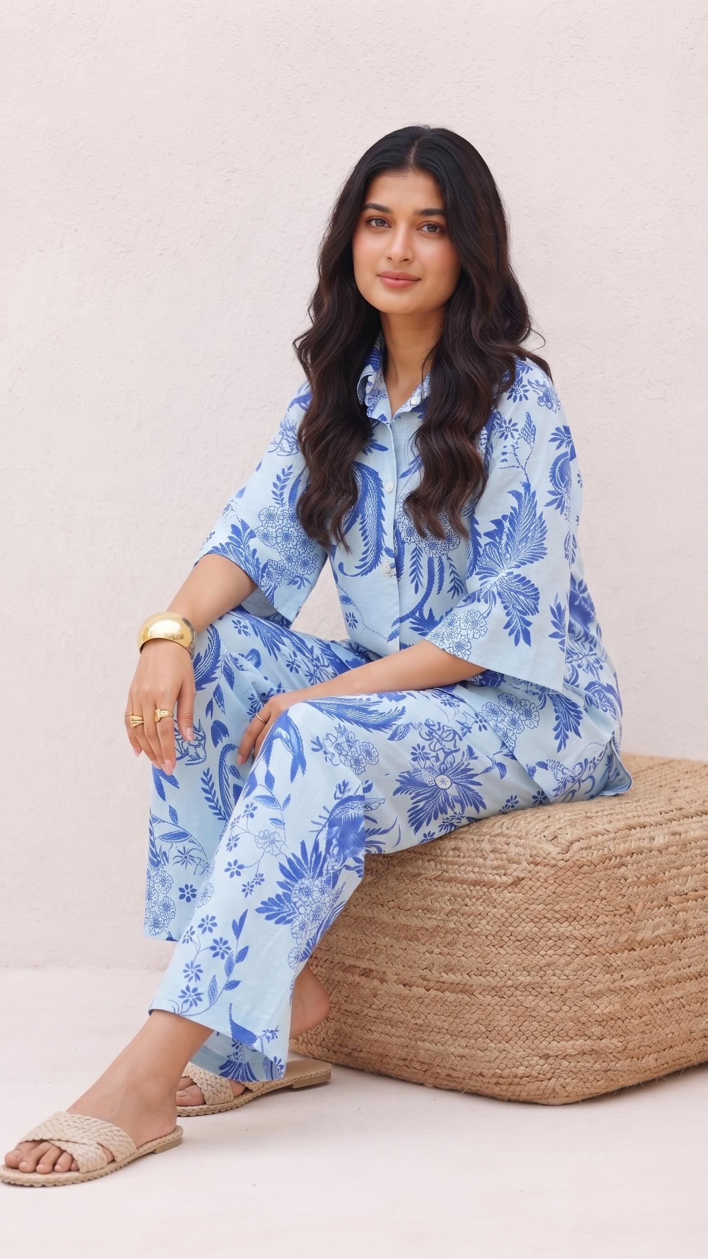 Sky Blue Hand-Drawn Floral Co-Ord Set – Cotton Comfortwear