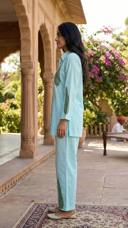 Skyleaf Serenity Cotton Co-ord Set – Botanical Print Relaxed Ensemble