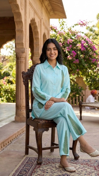 Skyleaf Serenity Cotton Co-ord Set – Botanical Print Relaxed Ensemble