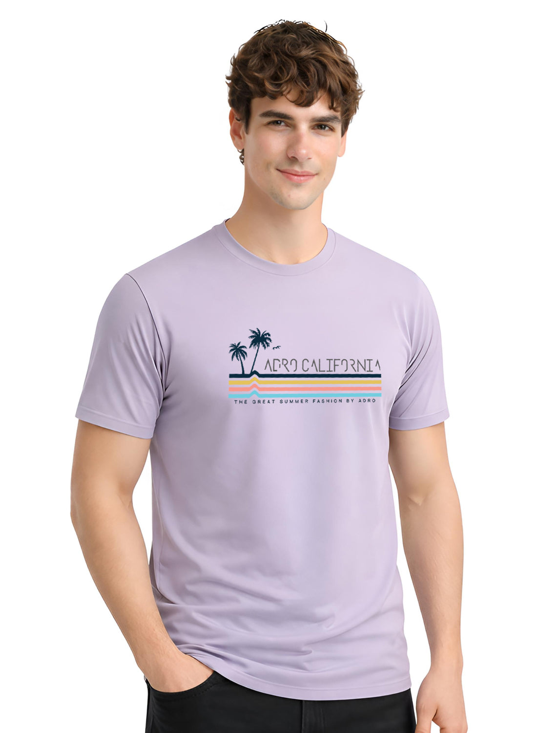 Adro Mens California Graphic T-Shirt | Retro Stripe Print Cotton Summer Tshirt | Stylish Beach T shirt | Comfortable Graphic Tee Lilac Grey