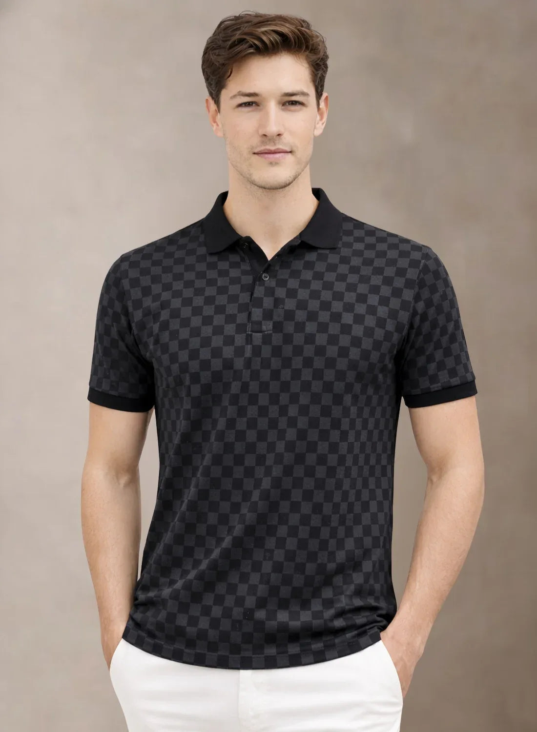 Adro Polo T-Shirt for Men | Allover Printed Polo T Shirt | Cotton Polo Tshirt Black