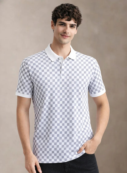 Adro Polo T-Shirt for Men | Allover Printed Polo T Shirt | Cotton Polo Tshirt White