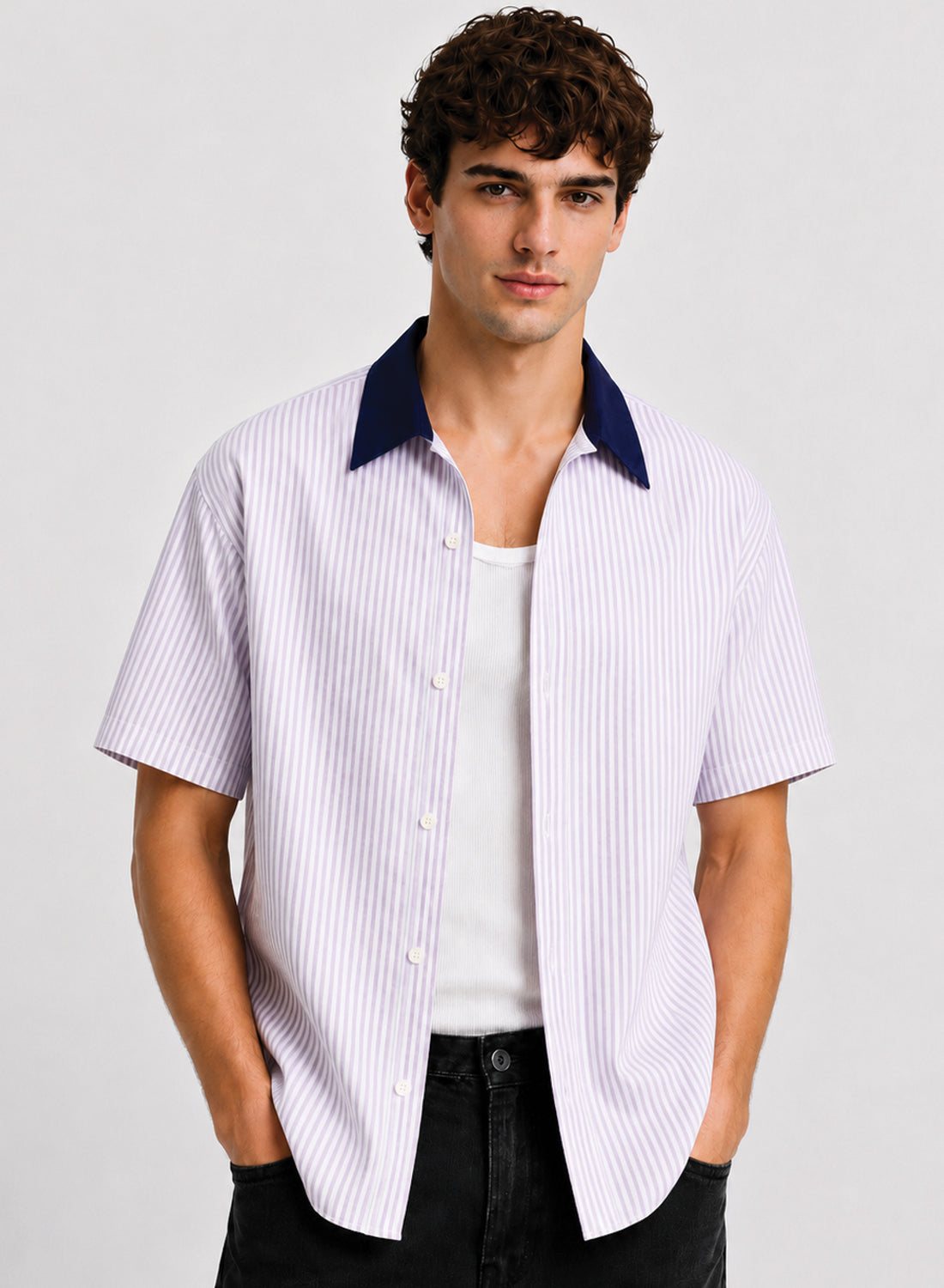 ADRO Harbor Stripe Half Sleeve Striped Shirt for Men | Cotton Blend Casual Shirts | Relaxed Fit Contrast Collar Summer Wear | Lavender