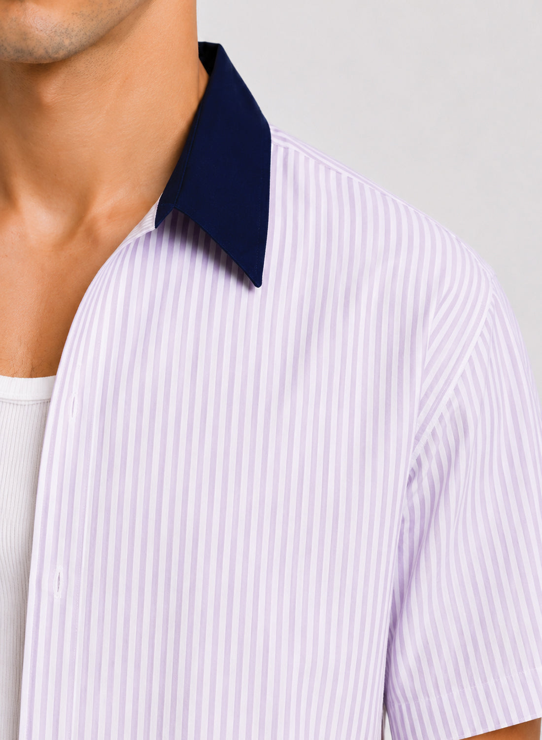 ADRO Harbor Stripe Half Sleeve Striped Shirt for Men | Cotton Blend Casual Shirts | Relaxed Fit Contrast Collar Summer Wear | Lavender