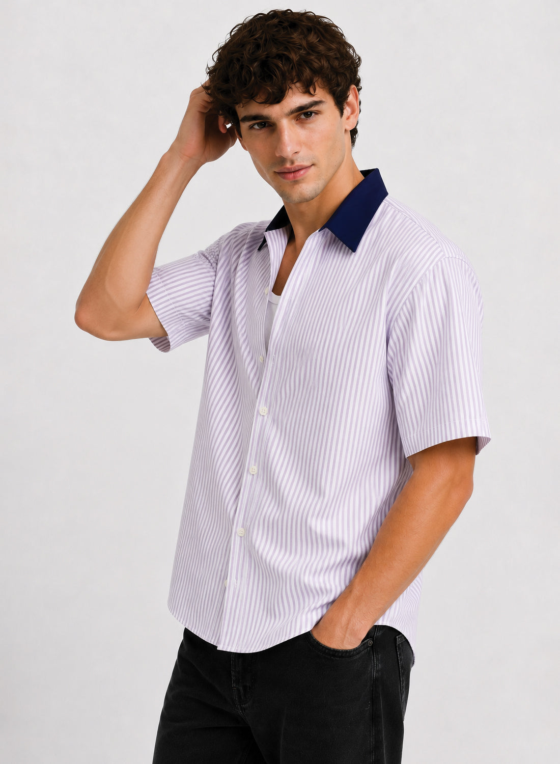 ADRO Harbor Stripe Half Sleeve Striped Shirt for Men | Cotton Blend Casual Shirts | Relaxed Fit Contrast Collar Summer Wear | Lavender