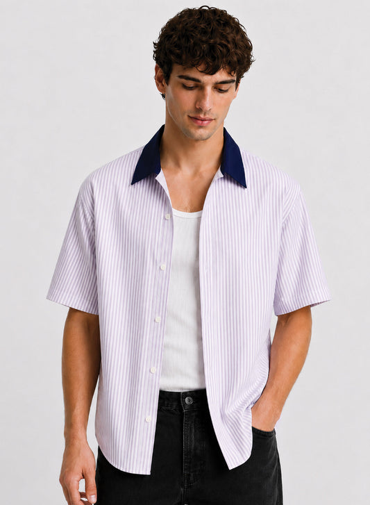 ADRO Harbor Stripe Half Sleeve Striped Shirt for Men | Cotton Blend Casual Shirts | Relaxed Fit Contrast Collar Summer Wear | Lavender Lavender