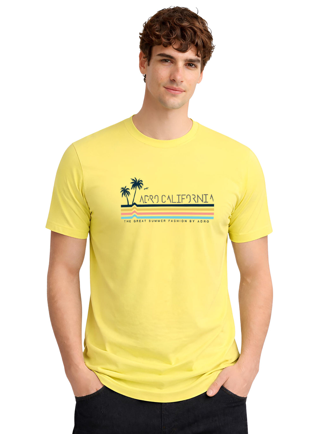 Adro Mens California Graphic T-Shirt | Retro Stripe Print Cotton Summer Tshirt | Stylish Beach T shirt | Comfortable Graphic Tee Light Yellow