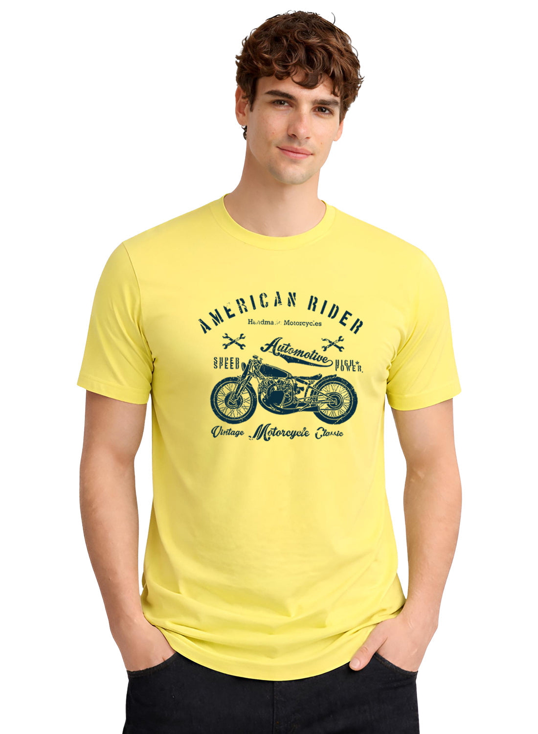 Adro Mens American Rider Printed T-Shirt | 100% Cotton T shirt for Bikers | Stylish Casual Tee Summer Regular Fit Biker Tshirt Light Yellow