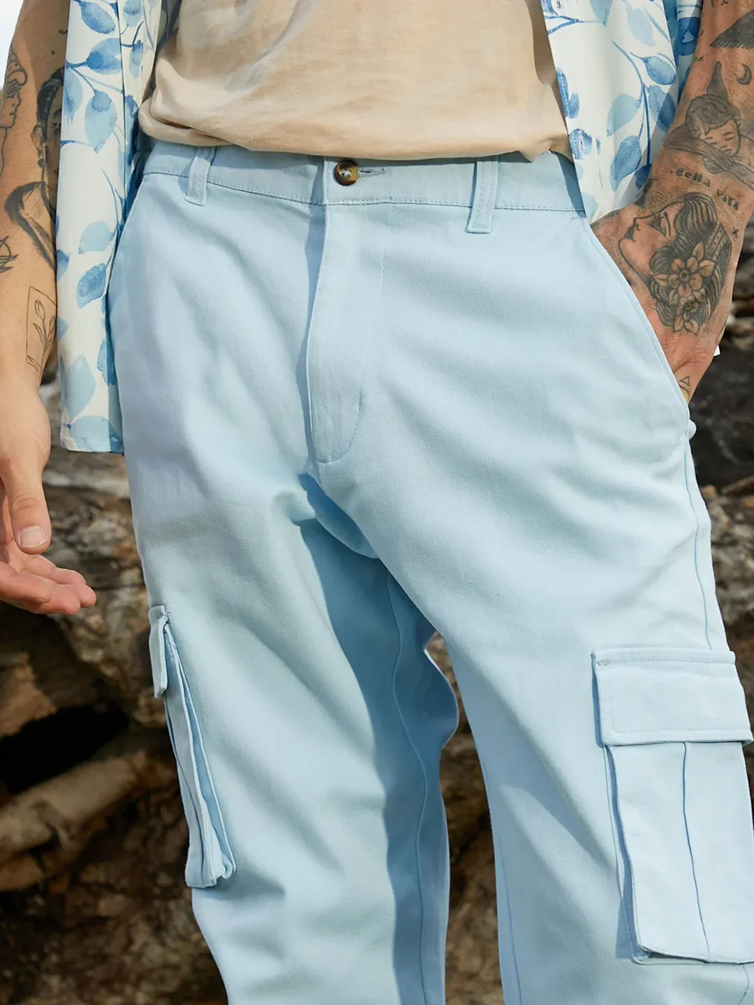 Light Blue Cuffed Hem Cargo Trousers