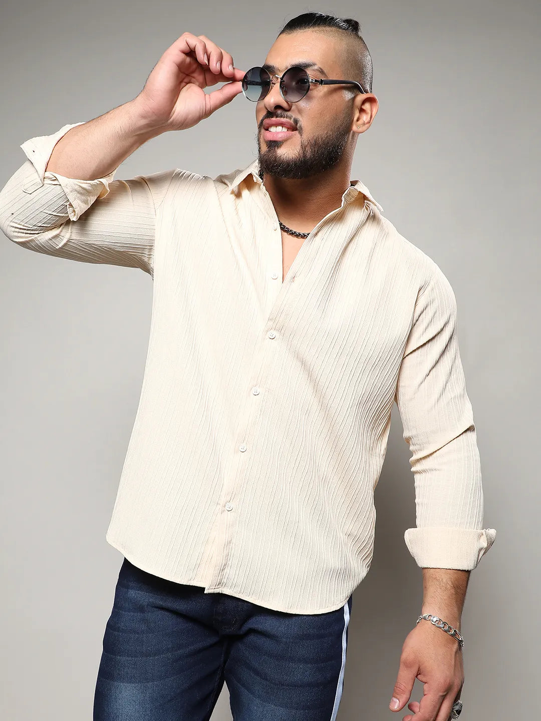 Light Yellow Textured Casual Shirt