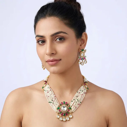 Gold And White Kundan Pearl Beaded Necklace Set For Women