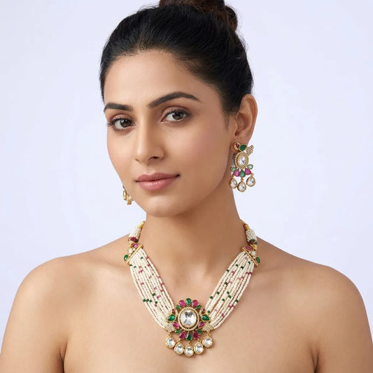 Gold And White Kundan Pearl Beaded Necklace Set For Women