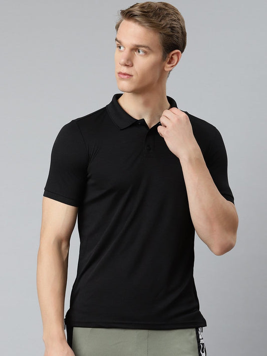 Alcis Men Black Polo Collar Slim Fit T-shirt