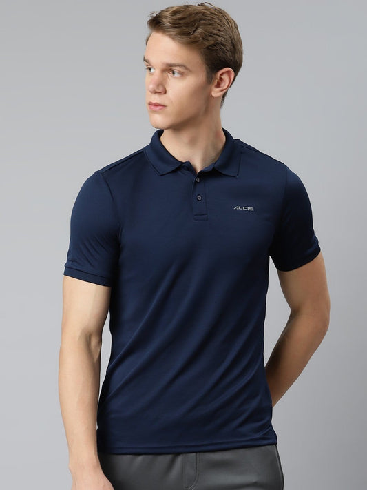 Alcis Men Navy Blue Polo Collar Slim Fit T-shirt