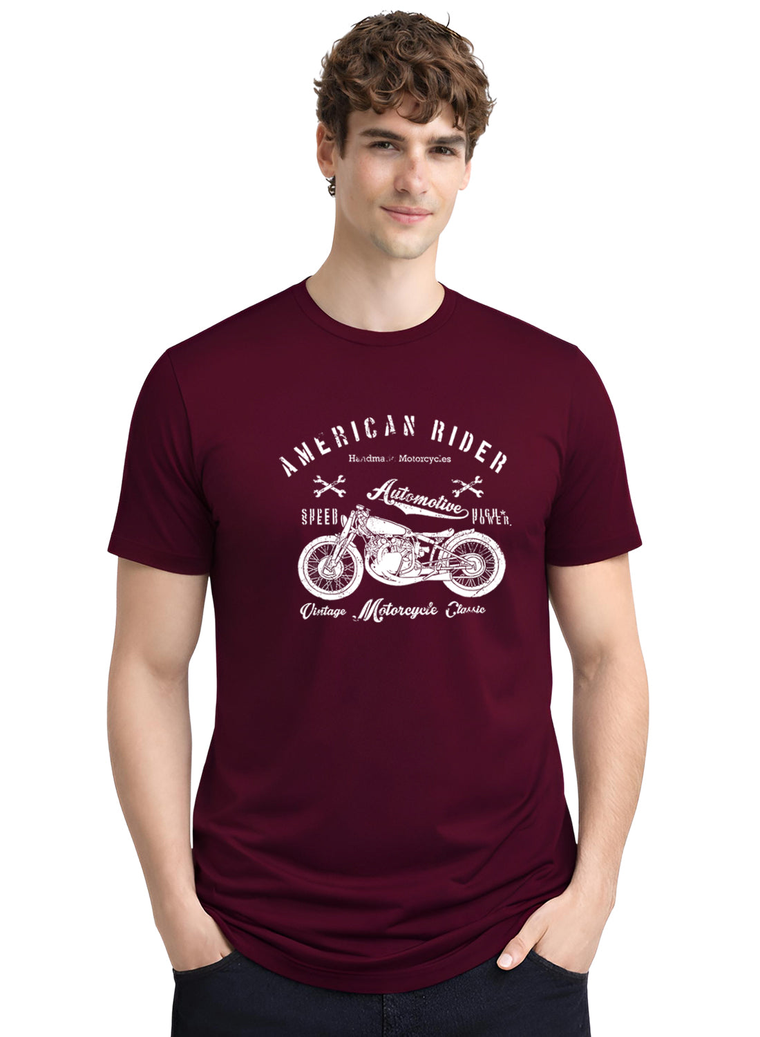 Adro Mens American Rider Printed T-Shirt | 100% Cotton T shirt for Bikers | Stylish Casual Tee Summer Regular Fit Biker Tshirt Maroon