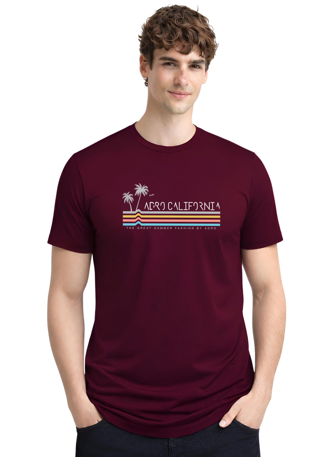 Adro Mens California Graphic T-Shirt | Retro Stripe Print Cotton Summer Tshirt | Stylish Beach T shirt | Comfortable Graphic Tee Maroon