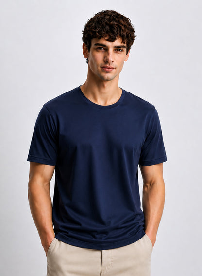 Adro Mercerized Cotton Crew Neck T-Shirt - Deep Navy Deep Navy