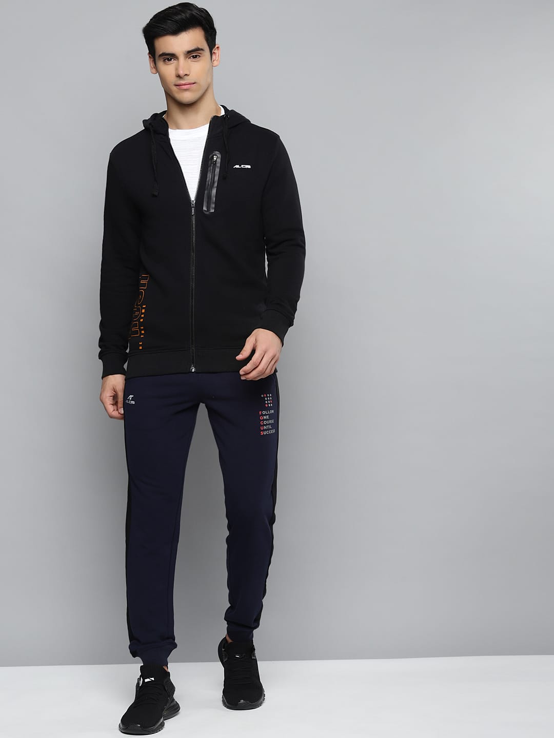 Alcis Men Black Solid Hooded Sweatshirt with Printed Details